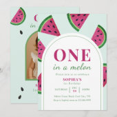 Pink Watermelon One In A Melon Photo Birthday Einladung (Vorne/Hinten)