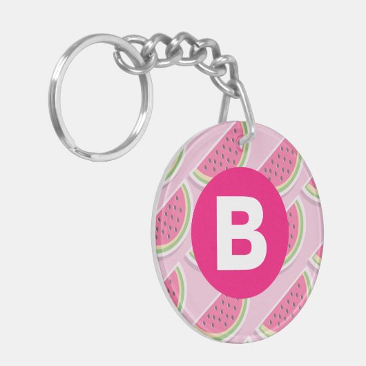 Pink Watermelon Pattern Circle Monogram Schlüsselanhänger (Vorderseite links)