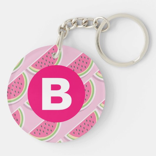 Pink Watermelon Pattern Circle Monogram Schlüsselanhänger (Rückseite)