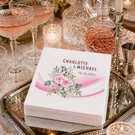 Pink Wave & Floral Wedding 9" Papier Napkins Serviette