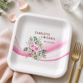 Pink Wave & Floral Wedding 9" Teller