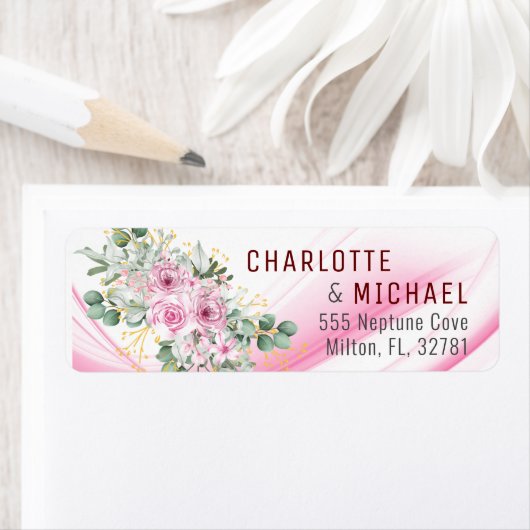 Pink Wave & Floral Wedding Address Label (Insitu)