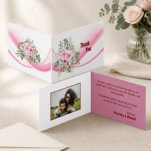 Pink Wave & Floral Wedding Danke Karte