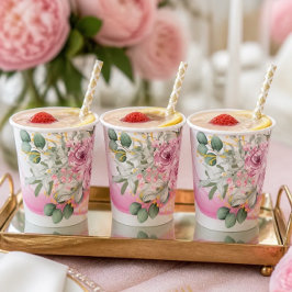 Pink Wave & Floral Wedding Paper Cups Pappbecher