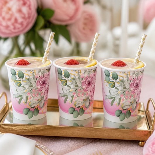 Pink Wave & Floral Wedding Paper Cups Pappbecher