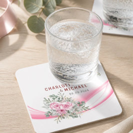 Pink Wave & Floral Wedding Paper Untersetzer
