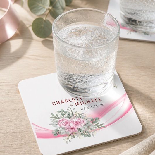 Pink Wave & Floral Wedding Paper Untersetzer
