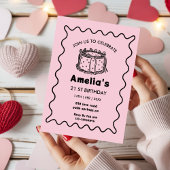 Pink Wavy Birthday hand drawn cake Einladung