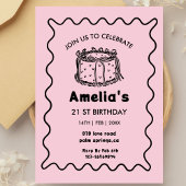 Pink Wavy Birthday hand drawn cake Einladung