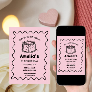 Pink Wavy Birthday hand drawn cake Einladung