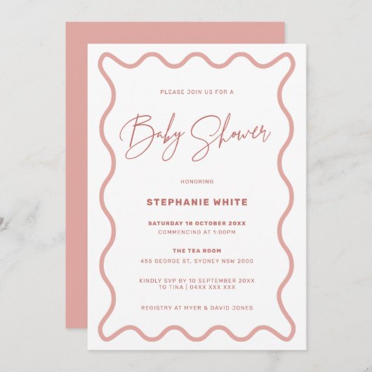 Pink Wavy Border Baby Dusche Party Einladung (Vorne/Hinten)