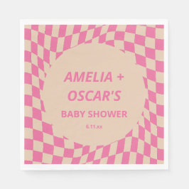 Pink Wavy Checker Couples Baby Shower Names Serviette