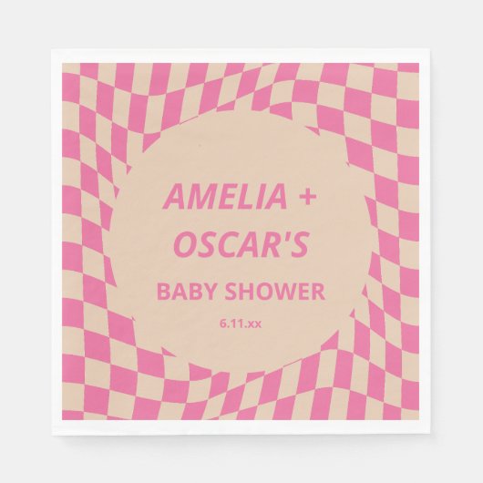 Pink Wavy Checker Couples Baby Shower Names Serviette (Vorderseite)