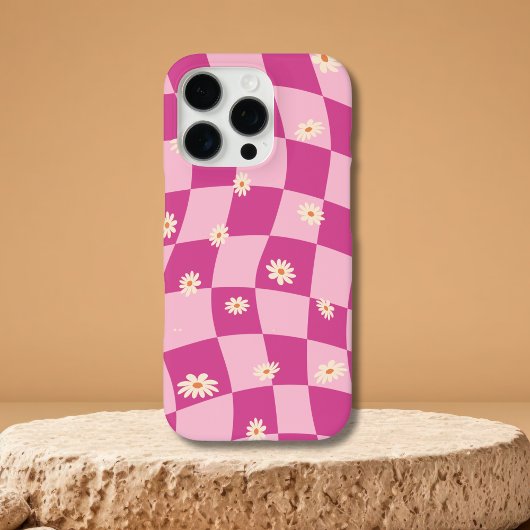 Pink Wavy Checkerboard Daisy iPhone 15 16 Hüllen
