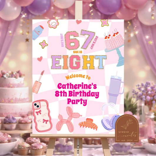 Pink Wavy Retro 67 8th Birthday Welcome Sign Poster