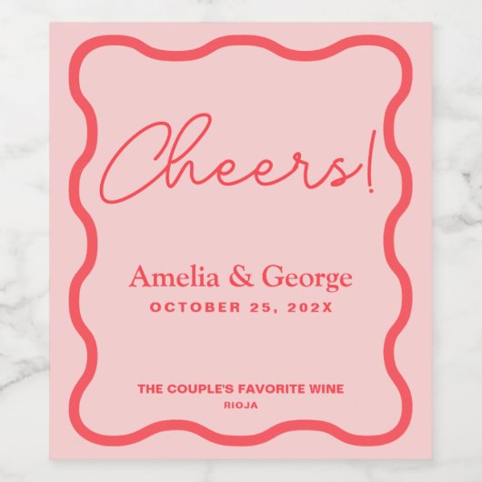 Pink Wavy Retro Hochzeit Weinetikett (Einzelnes Label)
