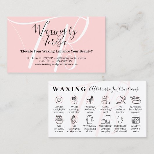 Pink Waxen Nachsorge zwölf Ratschläge Visitenkarte (Vorne/Hinten)
