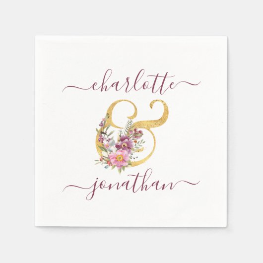 Pink Wedding Floral Gold Ampersand (&) mit Namen Serviette (Vorderseite)