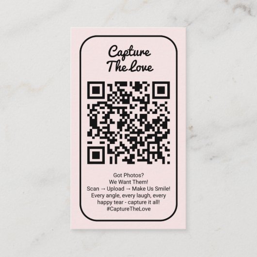 Pink Wedding Photo Sharing Capture Love QR Code  Visitenkarte (Rückseite)