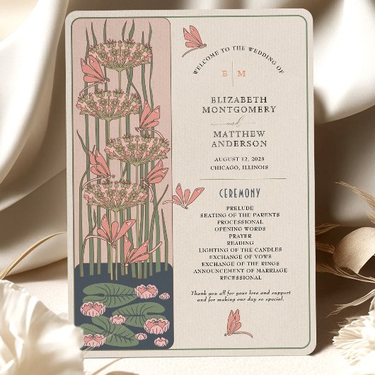 Pink Wedding Program Art Nouveau Dragonflies Einladung