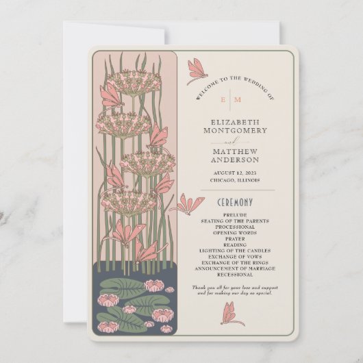 Pink Wedding Program Art Nouveau Dragonflies Einladung (Vorderseite)