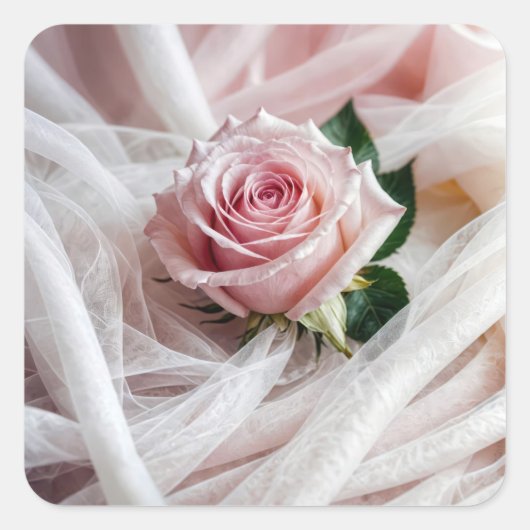 Pink Wedding Rose auf Tulle Quadratischer Aufkleber (Vorderseite)