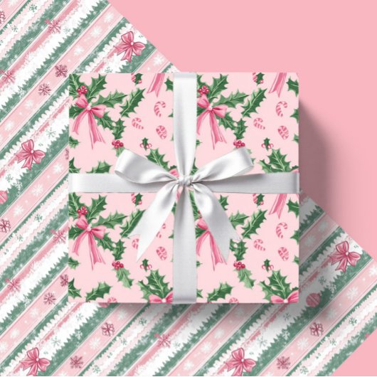 Pink Weihnachten Holly Candy Canes und Bows Geschenkpapier Set