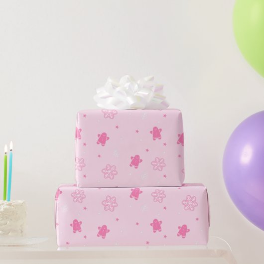 Pink Weihnachts Lebkuchen Mann Schneeflocken Muste Geschenkpapier (Partygeschenke)