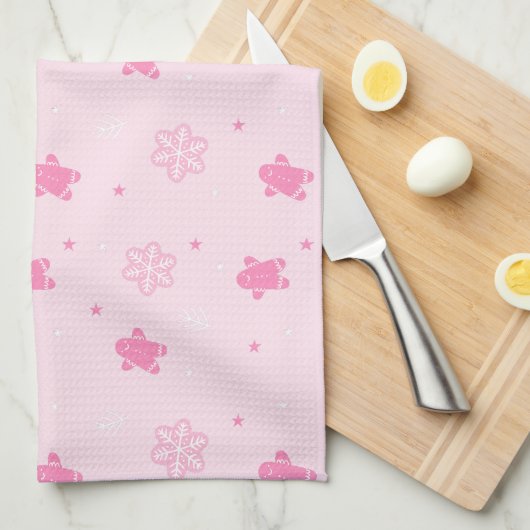 Pink Weihnachts Lebkuchen Mann Schneeflocken Muste Geschirrtuch (Viertel Falte)