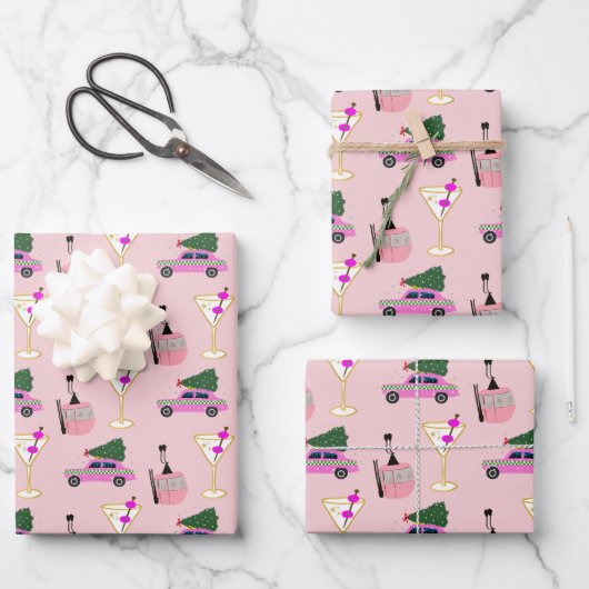 Pink Weihnachts-Party Geschenkpapier Set (Vorderseite)