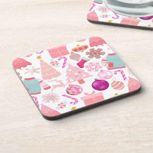 Pink Weihnachts-Ziermuster Getränkeuntersetzer (Linke Seite)