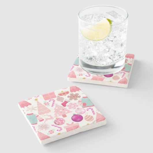 Pink Weihnachts-Ziermuster Steinuntersetzer (Seitenansicht)