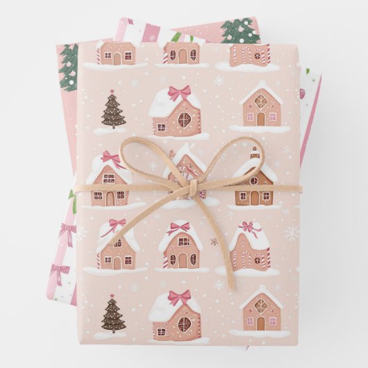 Pink Weihnachtsbaum Gingerbrot Häuser Bows Geschenkpapier Set (Beispiel)
