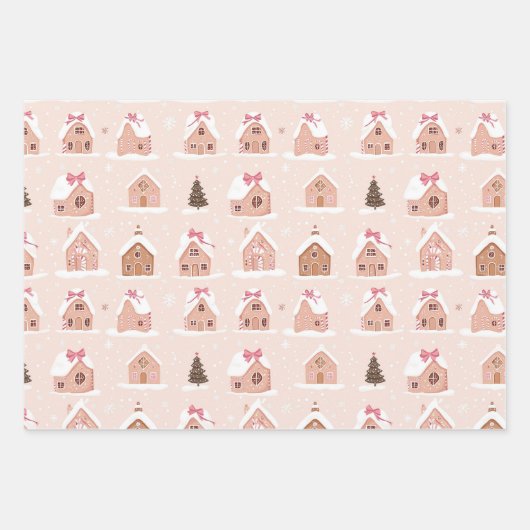 Pink Weihnachtsbaum Gingerbrot Häuser Bows Geschenkpapier Set (Vorderseite)
