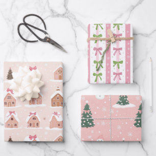Pink Weihnachtsbaum Gingerbrot Häuser Bows Geschenkpapier Set