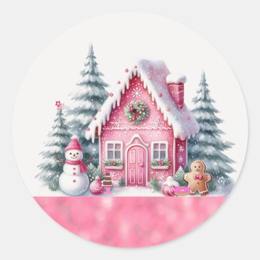 Pink Weihnachtsdorf Gingerbrett Haus Runder Aufkleber (Vorderseite)