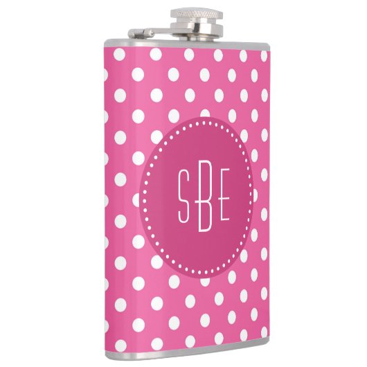 Pink-weiße Polka-Punkte mit Monogramm-Kolben Flachmann (Rechts)