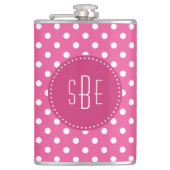 Pink-weiße Polka-Punkte mit Monogramm-Kolben Flachmann (Vorderseite)