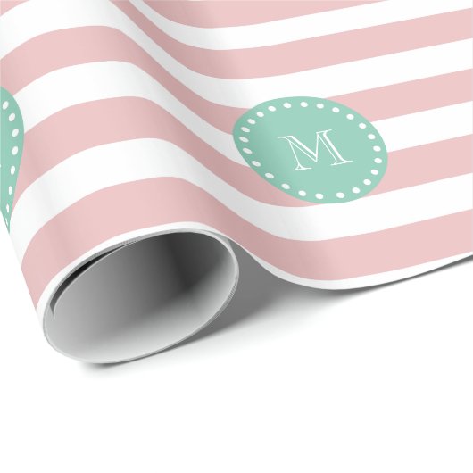Pink-weiße Streifen Muster, Minze grüne Monogramm Geschenkpapier (Rolleneckpunkt)