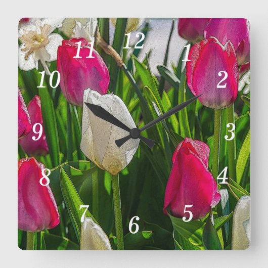 Pink-weiße Tulpen Painterly Wall Clock Quadratische Wanduhr (Vorderseite)