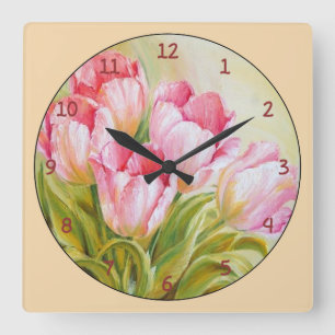 Pink-weiße Tulpen Quadratische Wanduhr