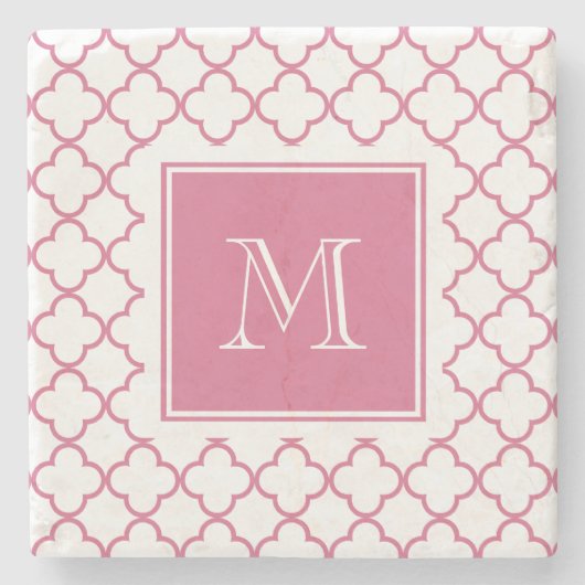 Pink weißes Quatrefoil | Ihr Monogramm Steinuntersetzer (Vorderseite)