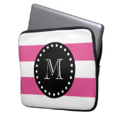 Pink-weißes Streifen-Muster, schwarzes Monogramm Laptopschutzhülle (Vorderseite Links)