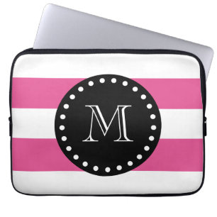 Pink-weißes Streifen-Muster, schwarzes Monogramm Laptopschutzhülle
