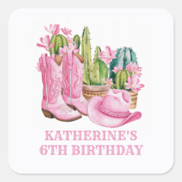 Pink West Cowgirl Cactus Watercolor Birthday Quadratischer Aufkleber