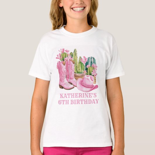 Pink West Cowgirl Cactus Watercolor Birthday T-Shirt (Vorderseite)
