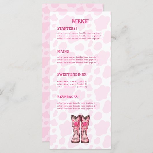 Pink Western Cow Print Rodeo Style Flat Menu Menükarte (Vorne/Hinten)