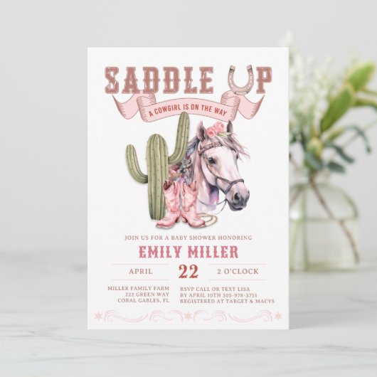 Pink Western Cowgirl Baby Dusche Foto laden Einladung (Stehend Vorderseite)