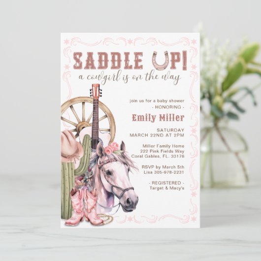 Pink Western Cowgirl Babydusche Sattelkarte Einladung (Stehend Vorderseite)