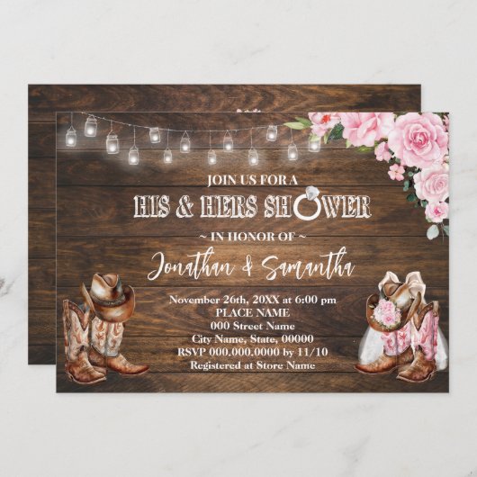 Pink Western Seine und ihre Duschkabine Hochzeit Einladung (Vorne/Hinten)